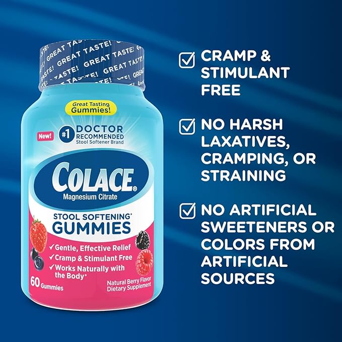 Colace Stool Softener Gummies Gentle Dependable Constipation Relief Magnesium Citrate Gummies No.1 Doctor Recommended Stool Softener Brand Berry Flavored 60ct (Pack of 2)