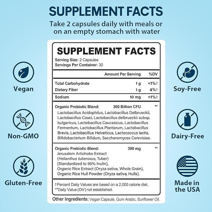 Probiotics for Women &amp Men 300 Billion CFU Probiotics from 12 Strains + Organic Prebiotics Blend - 120 Capsules