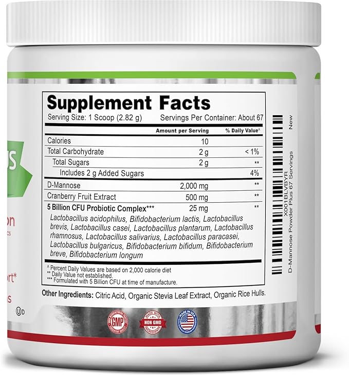 Zazzee D-Mannose Powder Plus 2000 mg 67 Servings Plus 5 Billion CFU Probiotics and Pure Cranberry Juice Extract Certified Kosher Free Scoop 6.67 oz Urinary Tract Support Non-GMO All-Natural