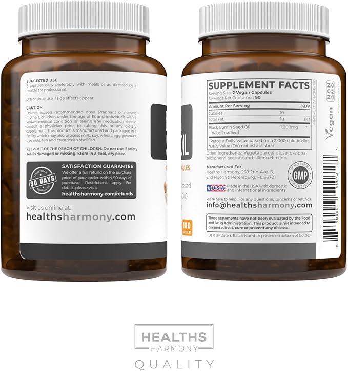 Black Seed Oil - 180 Softgel Capsules (Non-GMO &amp Vegan) Premium Cold-Pressed Nigella Sativa Producing Pure Black Cumin Seed Oil with Vitamin E - 500mg Each 1000mg Per 2 Capsule Serving