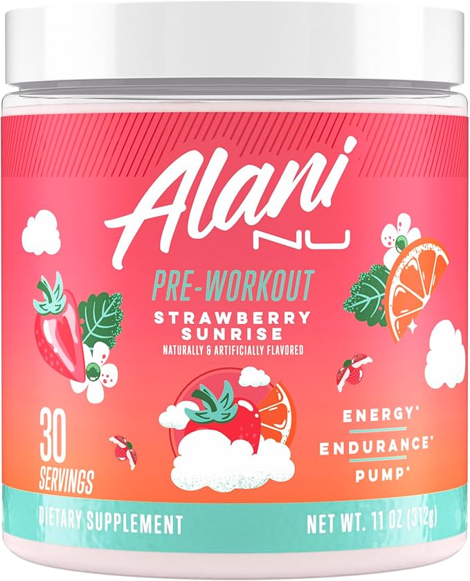 Alani Nu Pre Workout Powder Strawberry Sunrise Amino Energy Boost Endurance Supplement Sugar Free 200mg Caffeine L-Theanine Beta-Alanine Citrulline 30 Servings