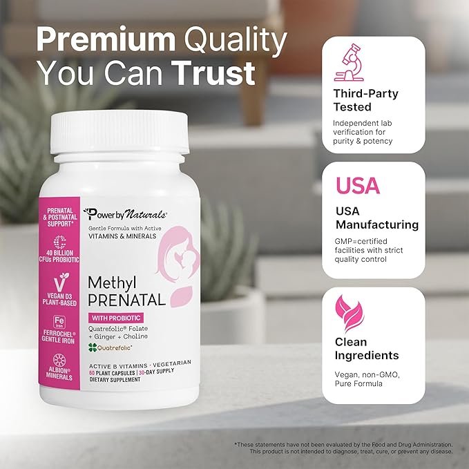 Power By Naturals Methyl Prenatal with Probiotics – Prenatal Vitamins for Women with Iron Methyl Folate B12 &amp 28 Nutrients &amp Botanicals – Vegan Non-GMO Gluten-Free – 60 Capsules (1-Month S