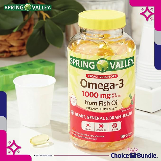 Choice Bundle Spring Valley Proactive Support Omega-3 Fish Oil Soft Gels 1000 mg 180 Ct 3 pk (540 Total) + Vitamin Guide &amp Pill Container (5 Items)!