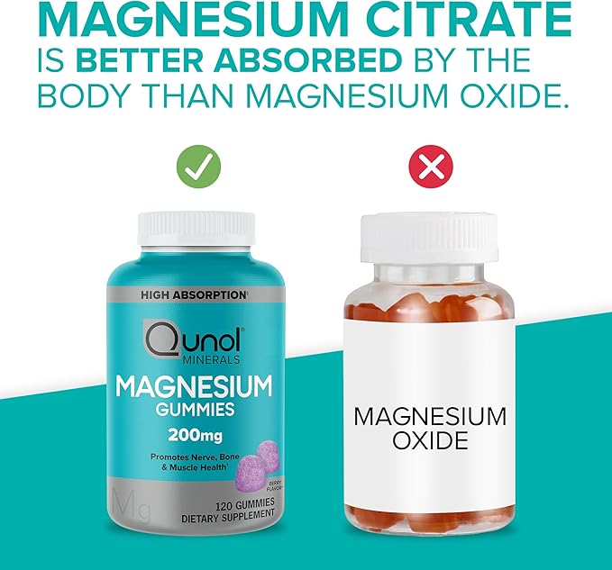 Qunol Magnesium Gummies for Adults 200mg Elemental Magnesium (from 1750mg Magnesium Citrate) High Absorption Magnesium Supplement Supports Nerve Bone and Muscle Health Vegetarian 120 Count
