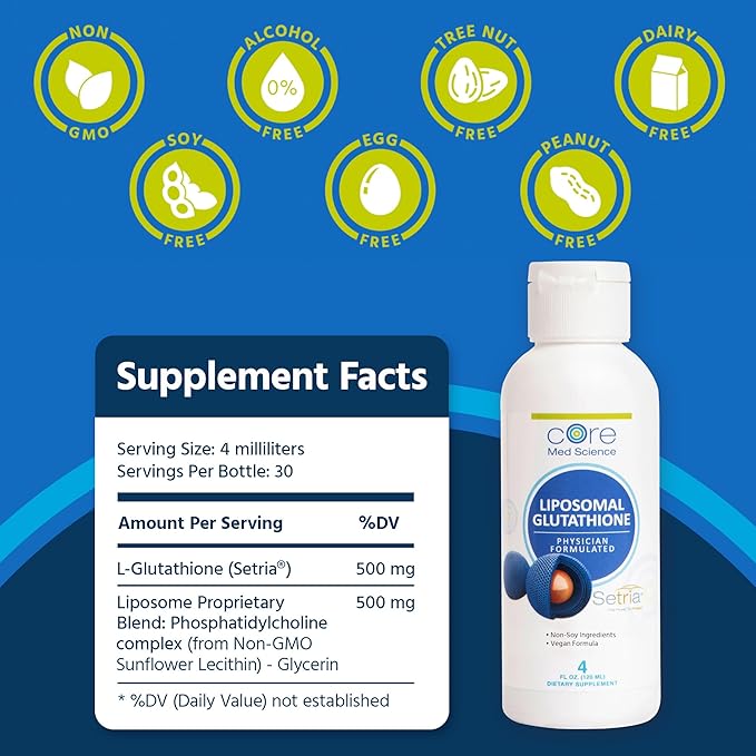 Core Med Science Liposomal Glutathione Supplement - (500mg 4 Fl Oz) - High-Absorption Glutathione for Antioxidant &amp Liver Detox Support with Pure Reduced Setria - Daily Use for Immune Function