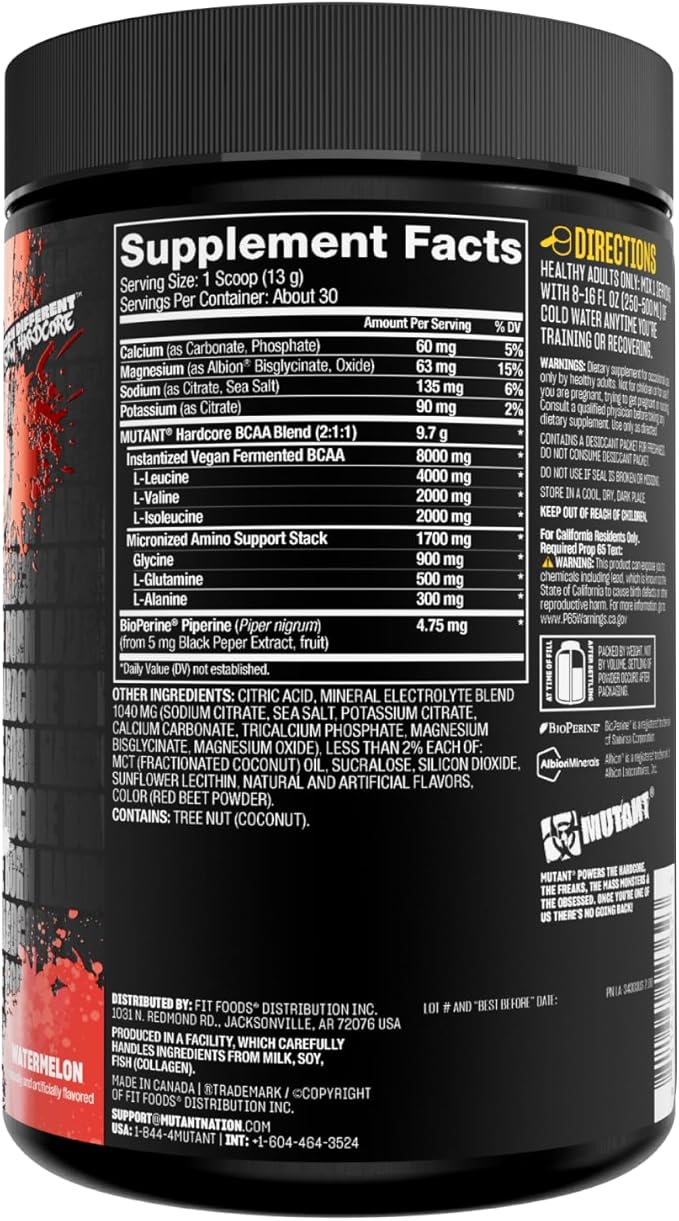 Mutant Hardcore BCAA - Pre Intra or Post Workout – BCAA Next Level branched-Chain Amino Acids Supplement – Hydration + Recovery - 30 Serving - Watermelon