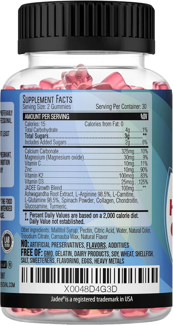 Jadee Height Growth Gummies for Teens &amp Kids Calcium 325mg Teen Vitamins D3K2C Magnesium Ashwagandha Zinc L-Arginine - Bone Healthy Growth Development &amp Strength - Height Increase &amp