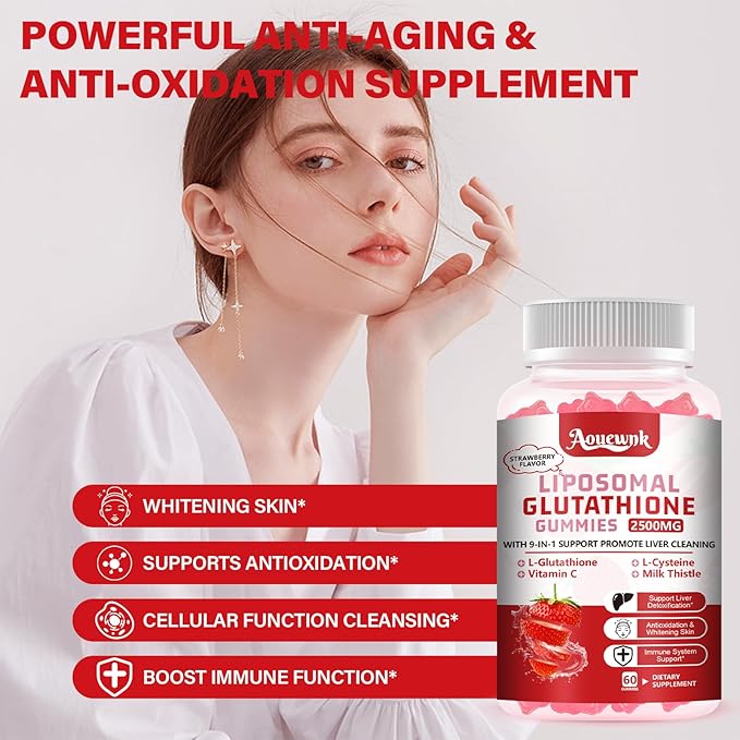 2 Packs 2500MG Liposomal Glutathione Gummies Supplement - Support Skin &amp Liver Function 98% Bioavailability with L-Glutathione &amp Milk Thistle to Support Antioxidant &amp Enhance Immunity