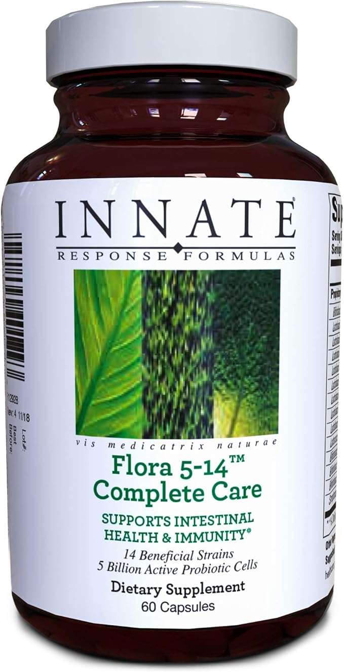 INNATE Response Formulas Flora 5-14 Complete Care - Probiotic Supplement - 5 Billion CFU - 14 Probiotic Strains - Supports Digestive Health - Vegetarian - Made Without 9 Food Allergens - 60 Capsules