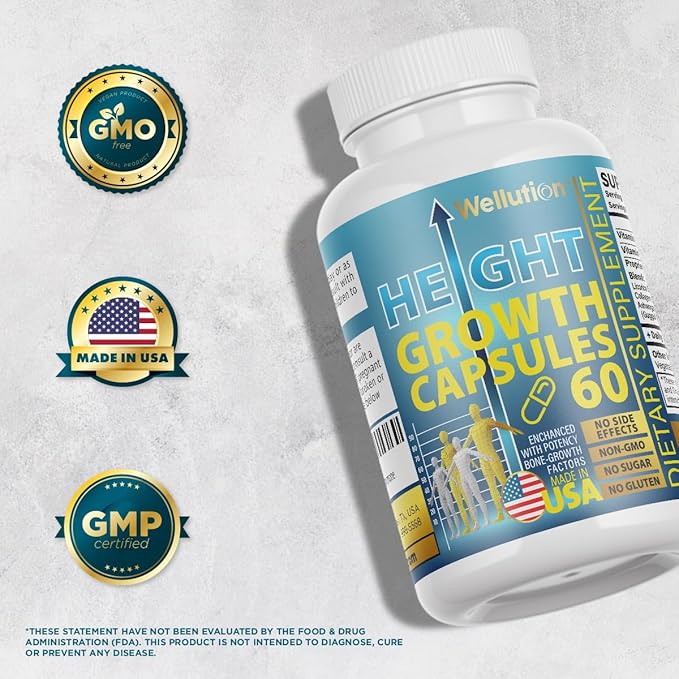 WELLUTION Bone Strength &amp Growth Support for Kids &amp Teens – Calcium Collagen Vitamin D3 &amp Herbal Blend – 60 Capsules Non-GMO Gluten-Free Made in USA