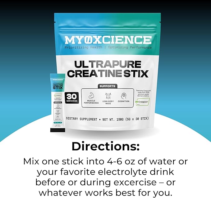 MYOXCIENCE Creapure® Creatine Stix | 5 Grams of German Creatine Monohydrate Per Stick Pack | Supports Muscle Performance Lean Body Mass &amp Cognition | 30 Single Serve Stix