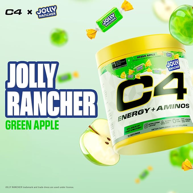 C4 Energy + Aminos Powder Jolly Rancher Green Apple 5g BCAAs &amp EAAs for Muscle Recovery 3 Electrolytes for Hydration 100mg Natural Caffeine Pre Workout Zero Sugar 30 Servings