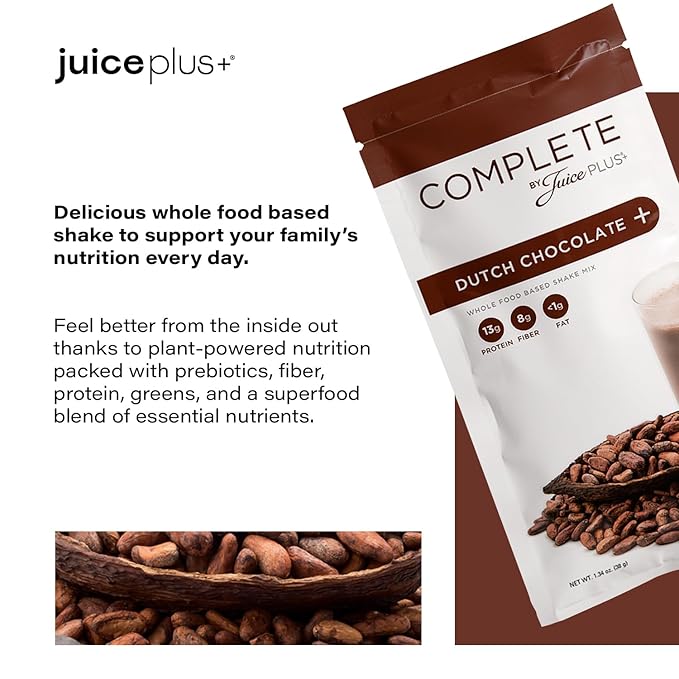 Complete by JuicePlus+ Single Serve Dutch Chocolate Shakes - Plant-Based Nutrition - Vegan Gluten-Free Non-GMO Kosher Whole Food Based Shake Powder with Protein Fiber &amp Prebiotics - 15 Servin