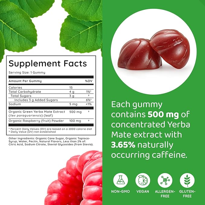 HOLYMARY Yerba Mate Gummies Raspberry Flavor - Energy Focus Power Vegan Non-GMO Natural Ingredients Gluten Free 50 Delicious Supplement Gummies