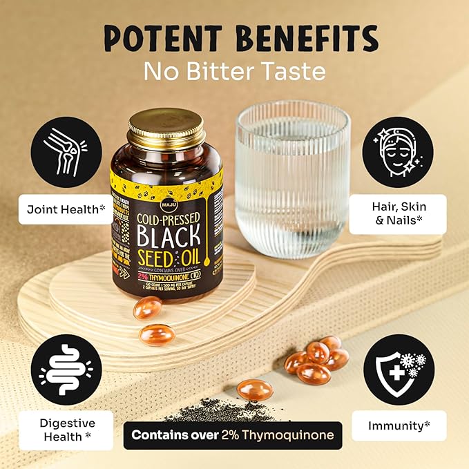 Maju Superfoods Black Seed Oil Capsules - Cold Pressed 2% Thymoquinone 100% Turkish Black Cumin Nigella Sativa Seed Oil Liquid Pure Blackseed 60 Count 500mg per Capsule