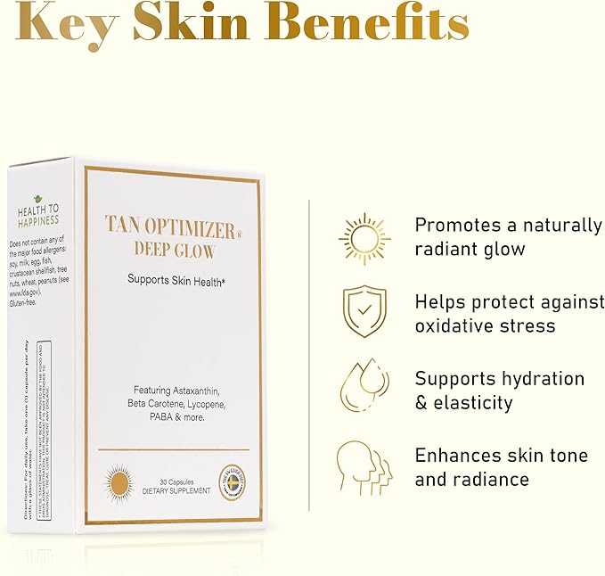 Tan Optimizer Deep Glow – Beauty-from-Within Skin Supplement with Astaxanthin Beta-Carotene &amp Antioxidants – 30 Capsules