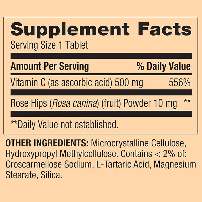 250 Count Vitamin C 500mg with Rose HIPS Tablets Dietary Supplement Antioxidant Protection 250 Tablets + Vitamin Guide Included