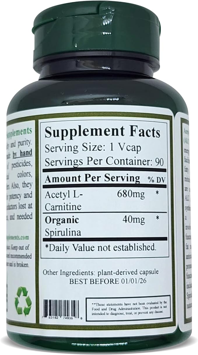 Green Organic Supplements Acetyl L-Carnitine Carnitine ALC High Absorbable Non-GMO Gluten-Free (Pack of 2)