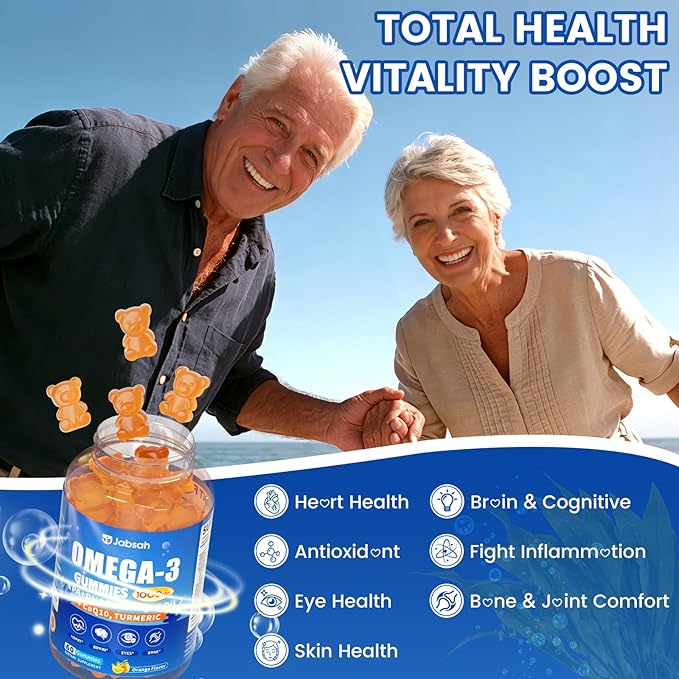 Vegan Omega-3 Gummies 1000mg from Algae Oil (DHA 460mg &amp EPA 230mg) Omega 3 Fish Oil Alternative for Adults Plus Turmeric &amp CoQ10 for Brain Eye &amp Immune Health No Fishy Taste Sugar Fr