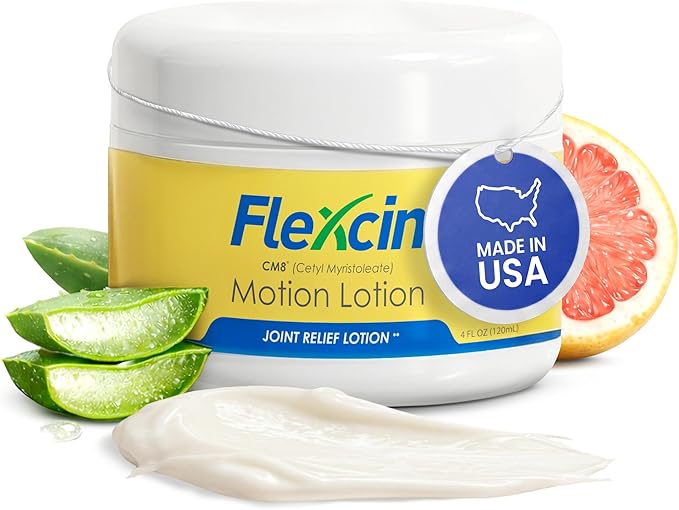 Flexcin Motion Lotion with CM8 - Joint &amp Muscle Therapy Cream for Back Neck Knee Hand Foot - Fast Absorbing with DMSO Emu Oil Aloe Vera - Non-Greasy 4oz Jar