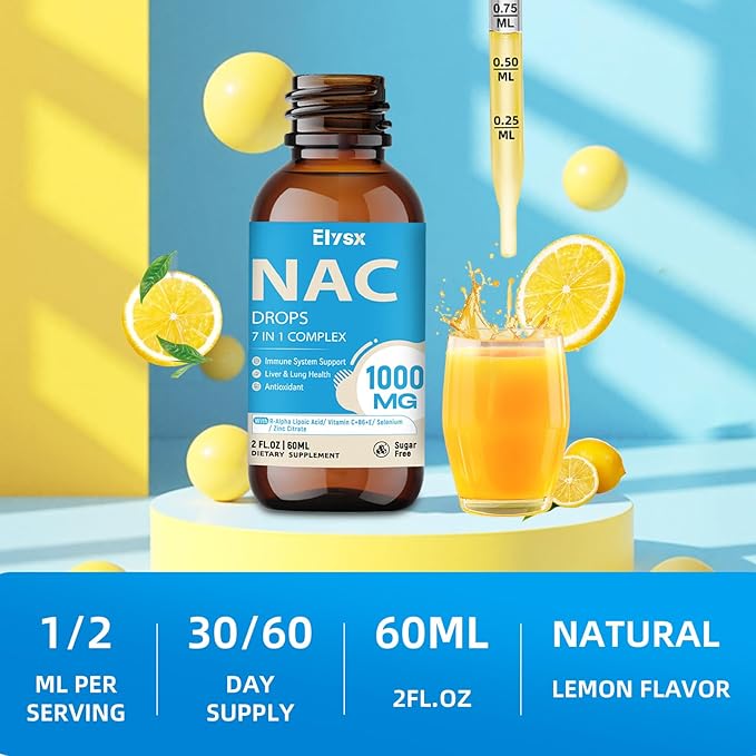 Liquid NAC Drops 1000MG NAC Supplement N-Acetyl Cysteine with Alpha Lipoic Acid for Adults &amp Kids Immune System &amp Antioxidant Support Liver &amp Lung Health Natural Lemon Flavor Sugar Fr