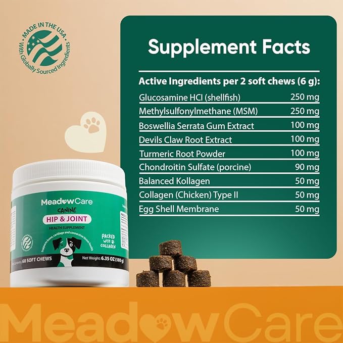 Hip and Joint Supplement for Dogs | MSM Chondroitin &amp Glucosamine for Dogs | Supports Bone Cartilage &amp Connective Tissue Health | Dog Joint Supplement | 60 Soft Chews180 g (6.35 oz) | Meadow