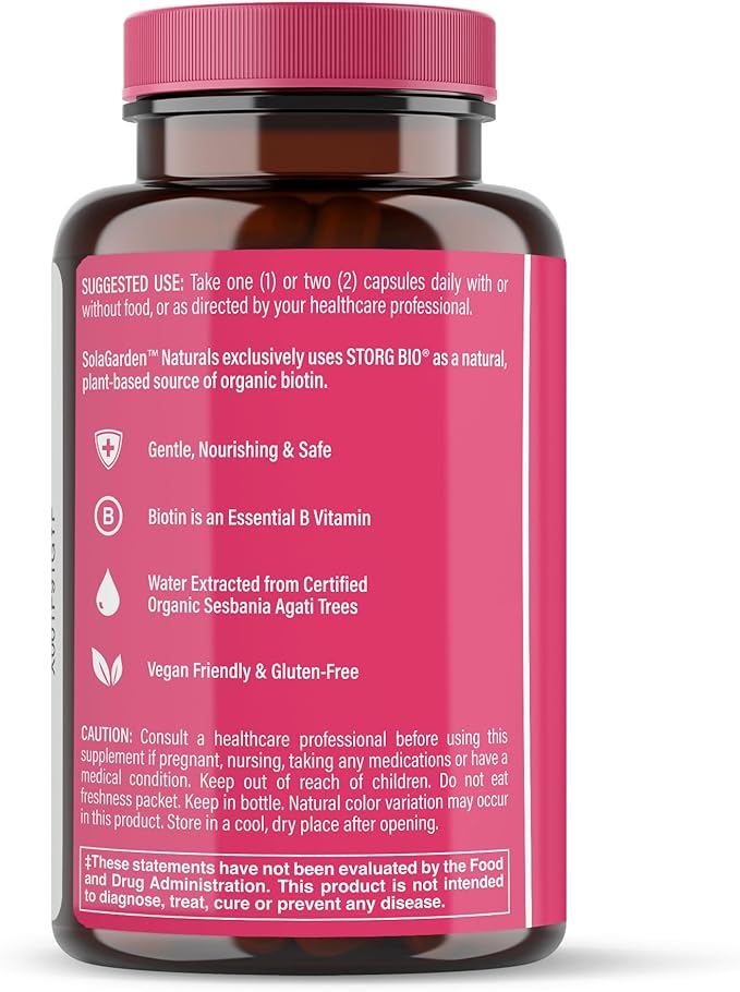 USDA Organic Whole Food Biotin Supplement Made with Plant-Based Biotin from Sesbania Agati Trees by SolaGarden Naturals 60 Non-GMO Vegan Capsules Supports Hair Skin and Nails Made in USA