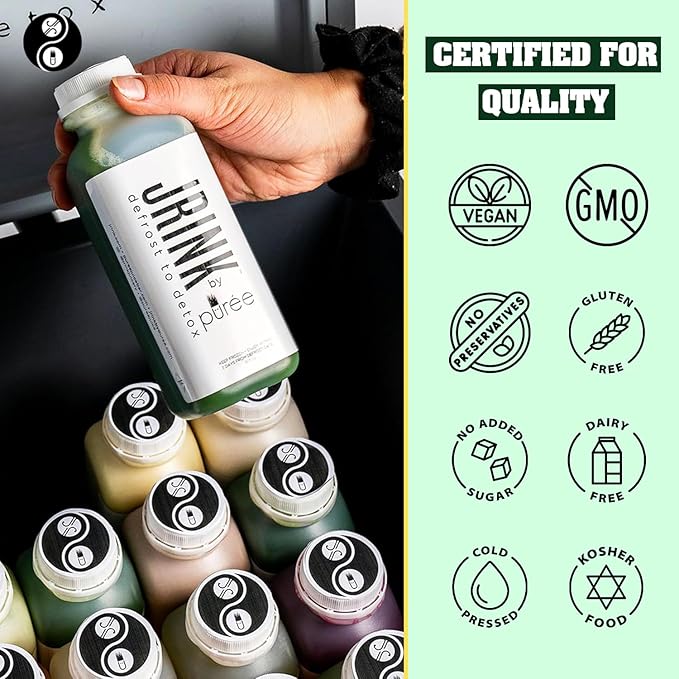 JRINK by Purée Daily Green Juice Cold Pressed Organic Fruit and Vegetable Blend Detox Cleanse Healthy Raw Greens Drink No Preservatives Juice Cleanse 16oz HDPE Bottles Pack of 24
