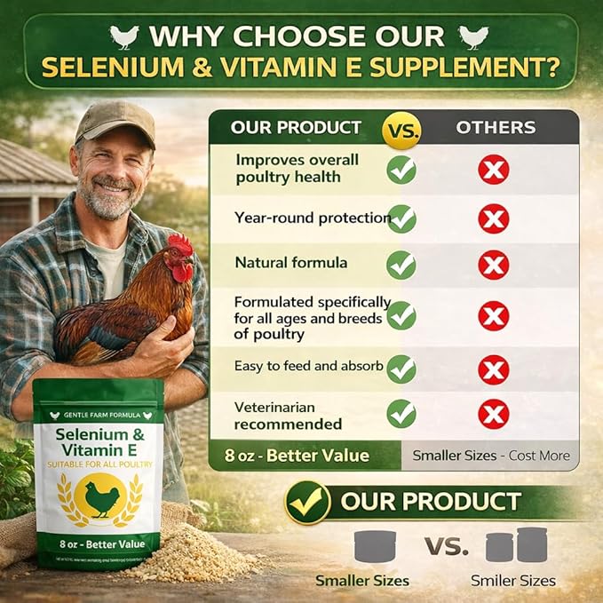 8 oz (227 g) Selenium &amp Vitamin E Powder for Chickens Selenium Supplement for Chickens Supports Immune &amp Muscle Health Suitable for All Poultry