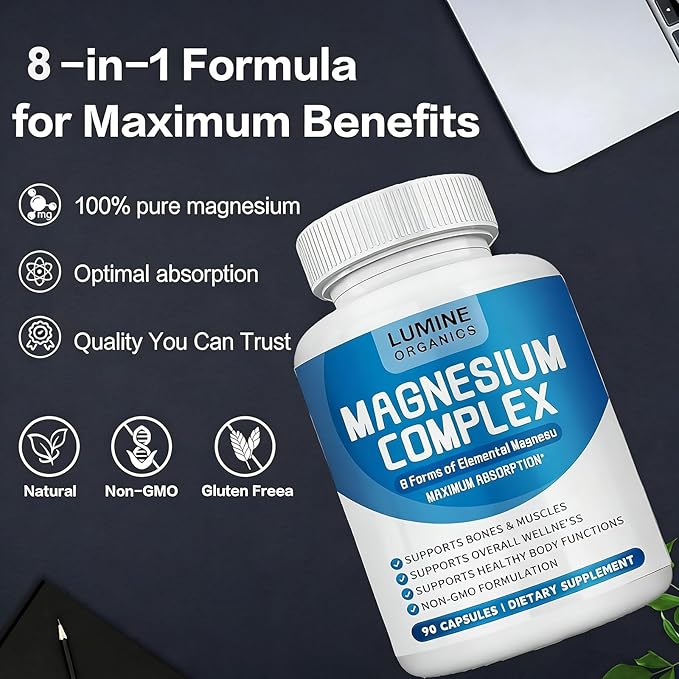 1PCSLumine Organics Magnesium Complex Magnesium Complex for Women Supplement 1000mg - Advanced 8-in-1 Magnesium Blend - GlycinateCitrateMalateTaurate90 Capsules (1)