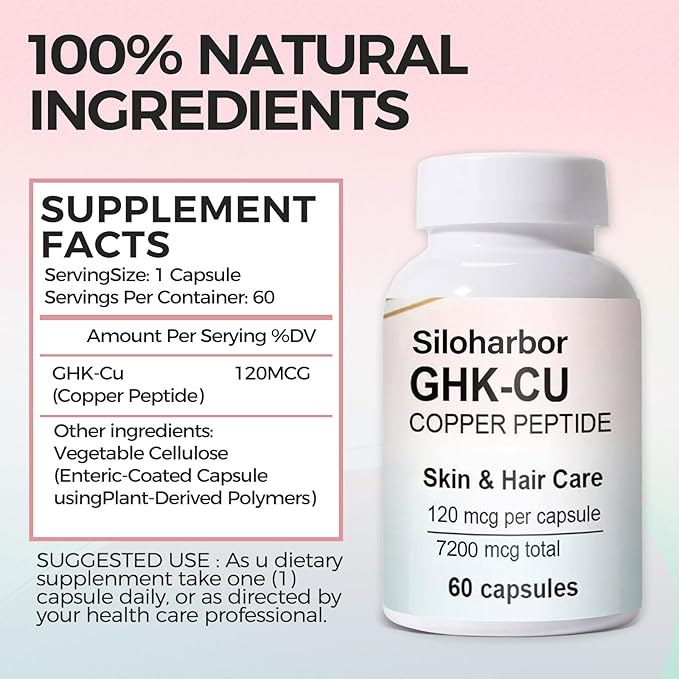 GHK-Cu Copper Peptide Supplement 120mcg High-Purity Supplement for Skin &amp Hair Enteric-Coated for Maximum Absorption Vegan &amp Gluten-Free (60 Count)