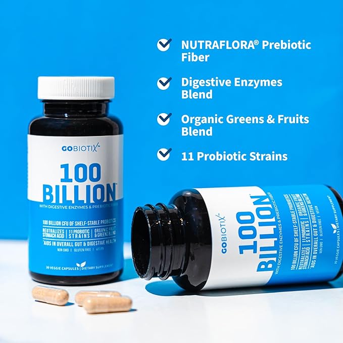GOBIOTIX 100 Billion - Digestive Enzymes Supplement - Probiotics Multivitamin - Prebiotic Fiber Blend - 100 Billion CFU - Organic Fruit and Greens Blend - Vegan Non GMO - 30 Capsules