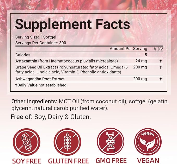 Astaxanthin 24mg Premium Astaxanthin Antioxidant Supplements with MCT Oil Ashwagandha Extract Supports Eye Skin Immune Internal Circulation Microalgae Source Triple Strength - 300 Softgels