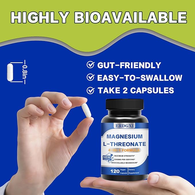 Magnesium L-threonate Supplement 2000mgMagnesium Threonate with Vitamin C &amp Vitamin D3High-AbsorptionMax PotencySupport ClarityZzz &ampImmuneNon-GMO &amp Gluten Free120 Capsules (Pack of