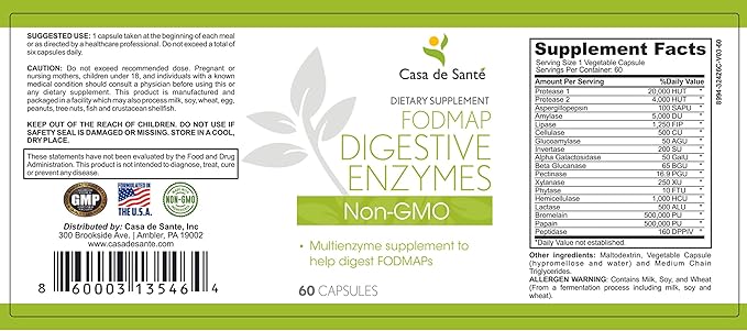 Casa de Sante FODMAP Digestive Enzymes No High Inulin Keto Carnivore Intolerance Support 18 Multi Enzyme Amylase Bromelain Lipase Lactase Protease Papain Alpha galactosidase More - No GMO
