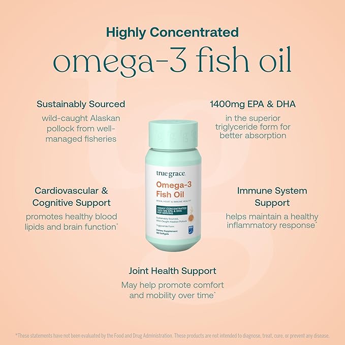 True Grace Omega-3 Fish Oil - 180 Softgels - 1400 mg EPA + DHA - Brain Heart Joint &amp Immune Health - Organic Gluten Free Soy Free