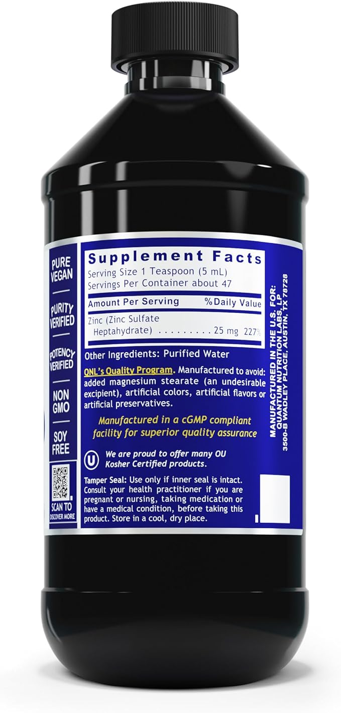Quantum Nutrition Labs Liquid Zinc Supplement Drops - Zinc Sulfate Tincture for Adults 25mg per Serving Metabolic Function &amp Immune Support - 8 Fl Oz Bottle