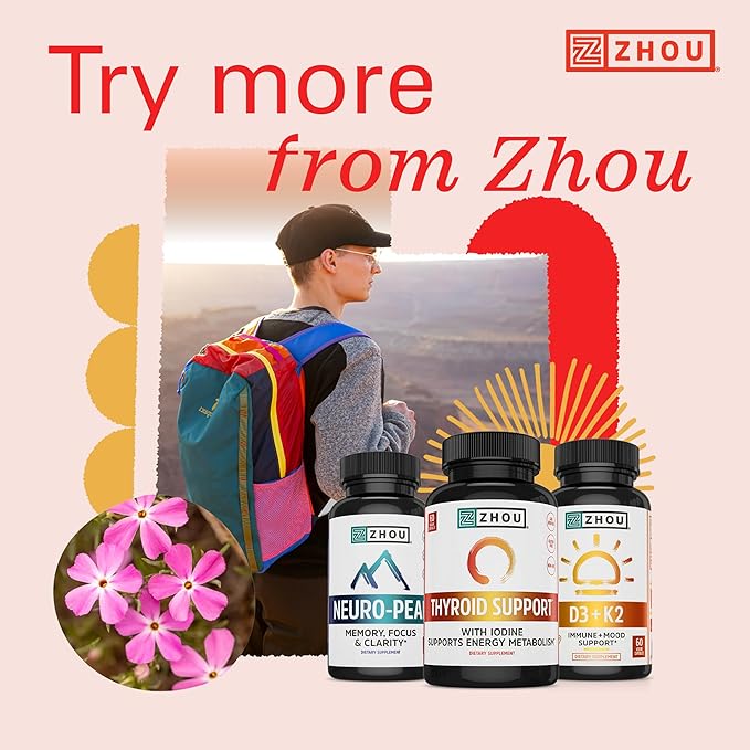 ZHOU Thyroid Support - Thyroid Supplement for Women &amp Men with Zinc Iodine &amp Selenium Cellular Energy Thyroid Complex with Ashwagandha Kelp - 60 Veggie Capsules (Pack of 1)