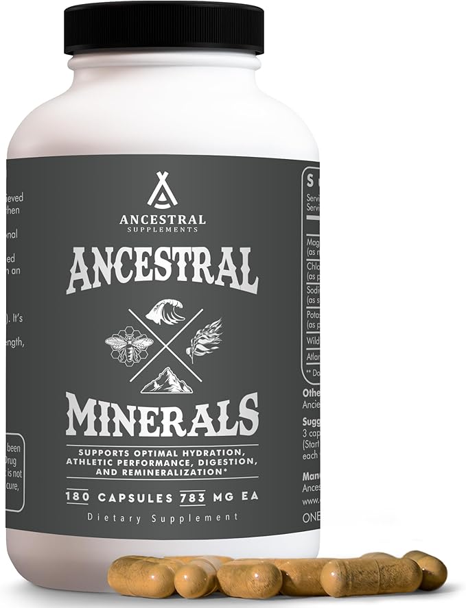 Ancestral Supplements Minerals &amp Electrolytes with Magnesium Potassium Sodium Supports Optimal Hydration Immune Health Athletic Performance Digestion and Remineralization 180 Capsules