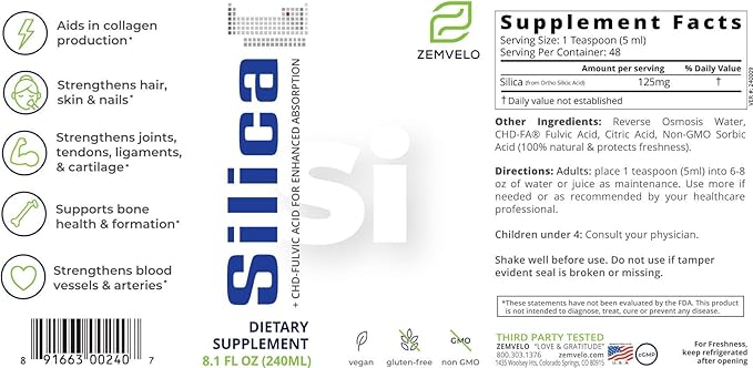 Liquid Ionic Silica - Hair Skin &amp Nails Nutrition | Collagen Support | Joint Support for Health Tendons &amp Cartilage | 8 oz 48 Day Supply
