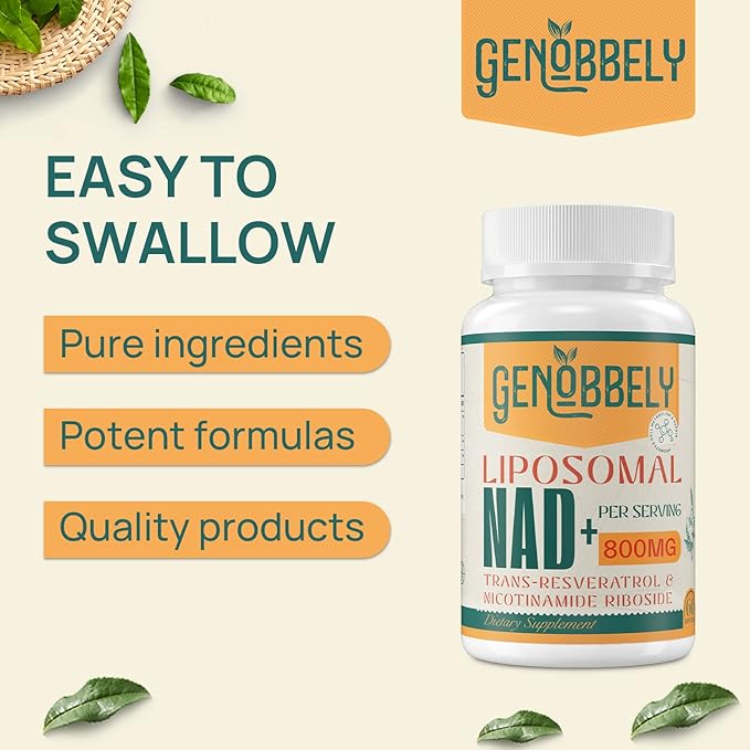 GENOBBELY 800 mg Liposomal NAD+ Supplement with Nicotinamide Riboside 200 mg Trans-Resveratrol 100 mg - True NAD Supplement for DNA Repair Healthy Aging Brain Function - 180-Day Supply