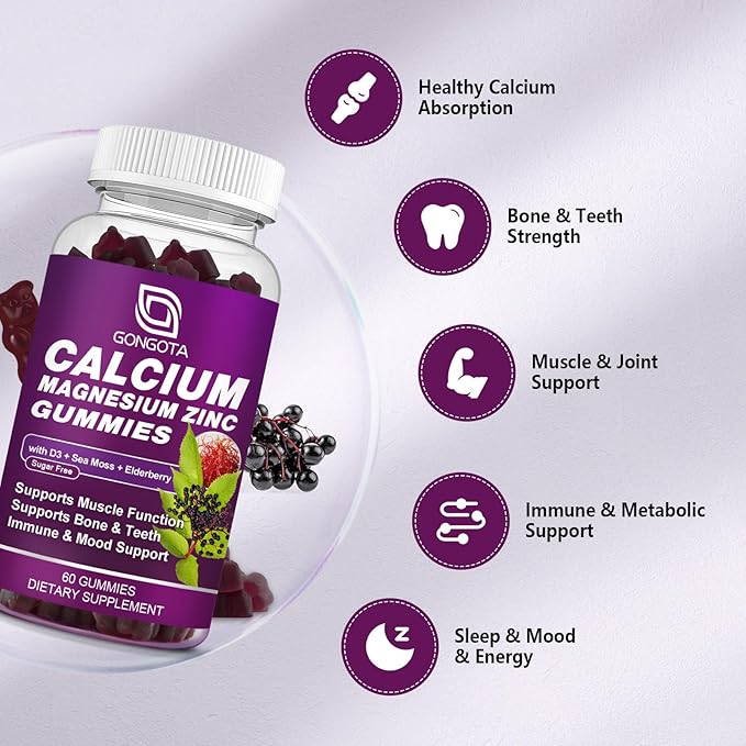 Calcium Magnesium Zinc with Vitamin D3 Supplement Highly Absorbent Calcium Gummies with 300mg Magnesium glycinate Support Bone &amp Teeth Muscle for Adults and TeensSugar Free Vegan (2 Pack)