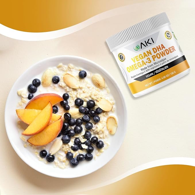 AKI Omega 3 DHA Micro Algae Powder Supplements - Plant Based Keto Vitamin - Alternative to Fish or Krill Oil - Vegan &amp Non-GMO (4.58oz/130g)
