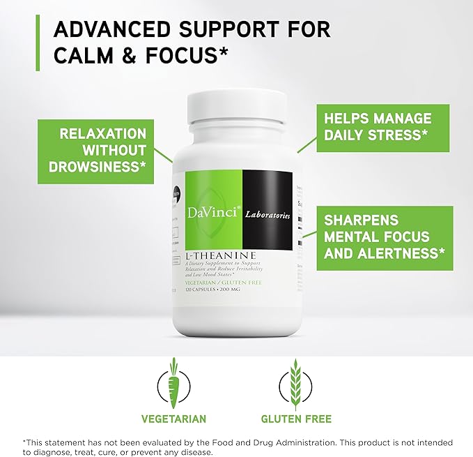 DAVINCI Labs L-Theanine - Dietary Supplement to Help with Concentration Focus Relaxation and Irritability* - with 200 mg L-Theanine per Serving - 120 Vegetarian Capsules