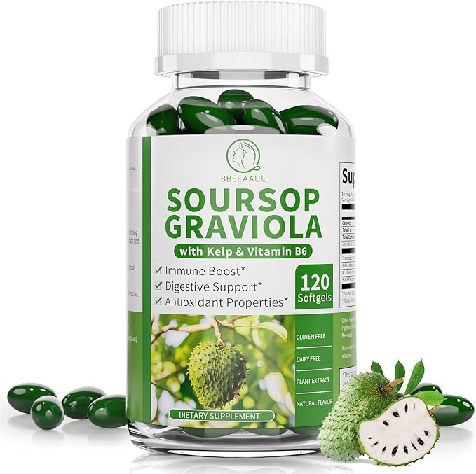 Soursop Graviola Capsules with Kelp for Cell Regeneration Enhances Immunity Digestive Support Anti-oxidant* Properties Gluten Free 120 Counts