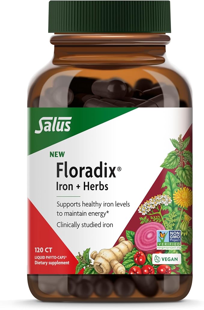 Floradix Iron + Herbs - Iron Supplement for Healthy Energy Support* - Supports Red Blood Cell Formation - Vegan Non-GMO Gluten-Free Soy-Free - 120 Liquid Phyto-Caps