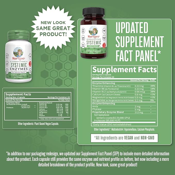 MaryRuth Organics Serrapeptase Enzymes Capsules | Up to 2 Month Supply | Enzyme Supplement for High Potency Sinus Relief Pills| Tissue Health and Cellular Health | Vegan | Gluten Free | 60 Count