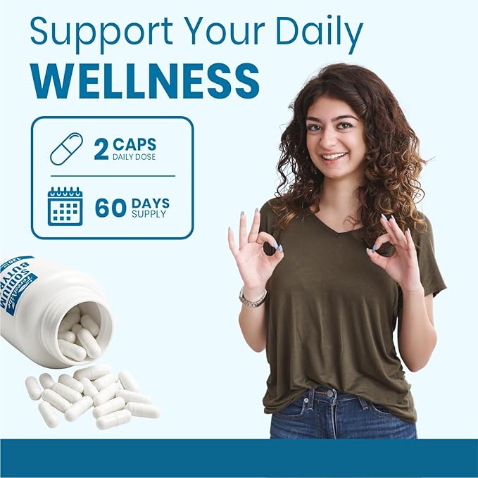 Sodium Butyrate Supplement 1200mg Yielding 960mg Butyric Acid 120 Vegan Capsules 2 Month Supply Non-GMO &amp Gluten Free Postbiotic Supplement