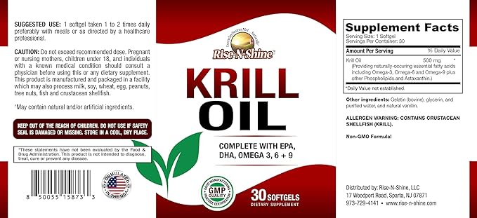 Rise-N-Shine Krill Oil Softgels Omega 3 6 &amp 9 with EPA &amp DHA Support 500 mg Krill Oil per Softgel Non-GMO Formula 30 Softgels Manufactured in the USA with Globally Sourced Ingredients