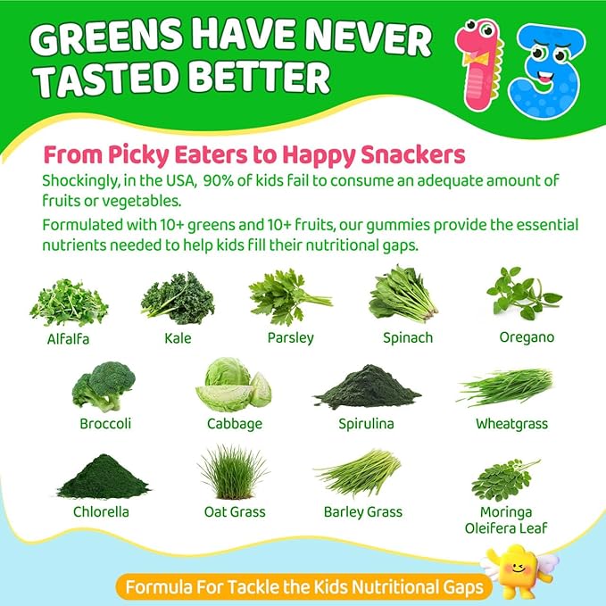 Kids Super Greens Gummies w/Multivitamins 20+ Veggie Fruit Prebiotics Calcium Omega-3 (DHA/EPA) Kids Vitamins Greens Superfood Gummies for Picky Eaters Growth Energy Immune Digestion 2 Pack